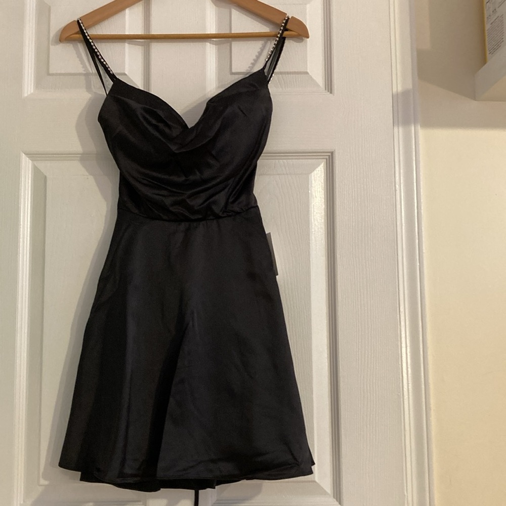 NWT B. Darlin Cowl Neck Rhinestone Strap Satin Party Dress Black Size 1/2 & 3/4 - Picture 4 of 11